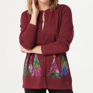 Quacker Factory Embroidered Sequin & Stud Tree Button Front Cardigan. BNWT.